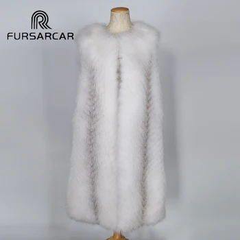 

FURSARCAR 2018 New Women Real Fur Vest 100 Cm Long Fashion Winter Thick Cross Fox Fur Vest Sleeveless High Quality Fur Waistcoat
