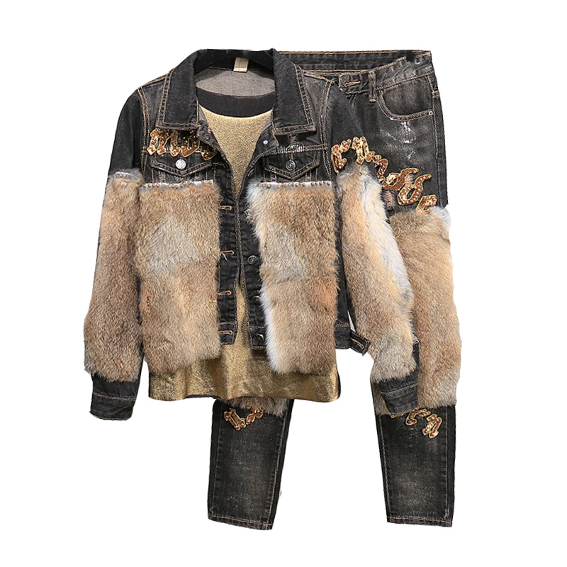 

New Jeans Jacket Pant Set women 2 Piece Suits Female Sets Fur Letter Sequined Winter Jeans Denim Sets Women Jacket Vintage suit