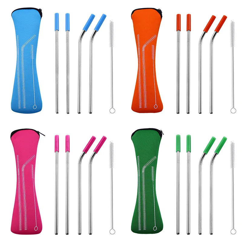 

Drink Straight Cleaning Brush Stainless Steel Metal Bent Removable with Silicone Tips Reusable 6Pcs/set Drinking Straws Straws