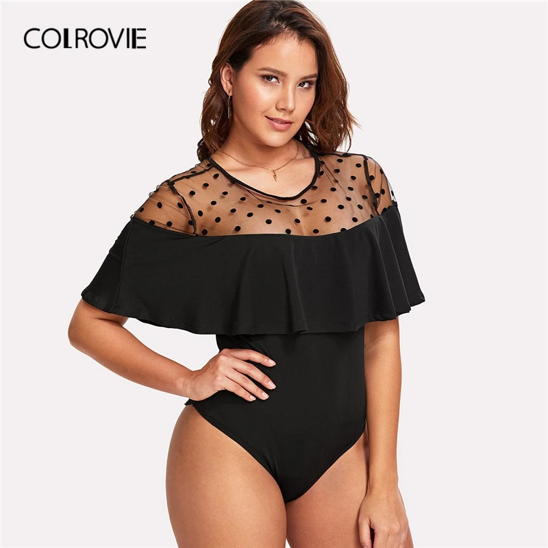 

COLROVIE Plus Size Black Polka Dot Embellished Elegant Bodysuit Women 2019 Summer Flounce Sleeve Mesh Stretchy Sexy Bodysuits