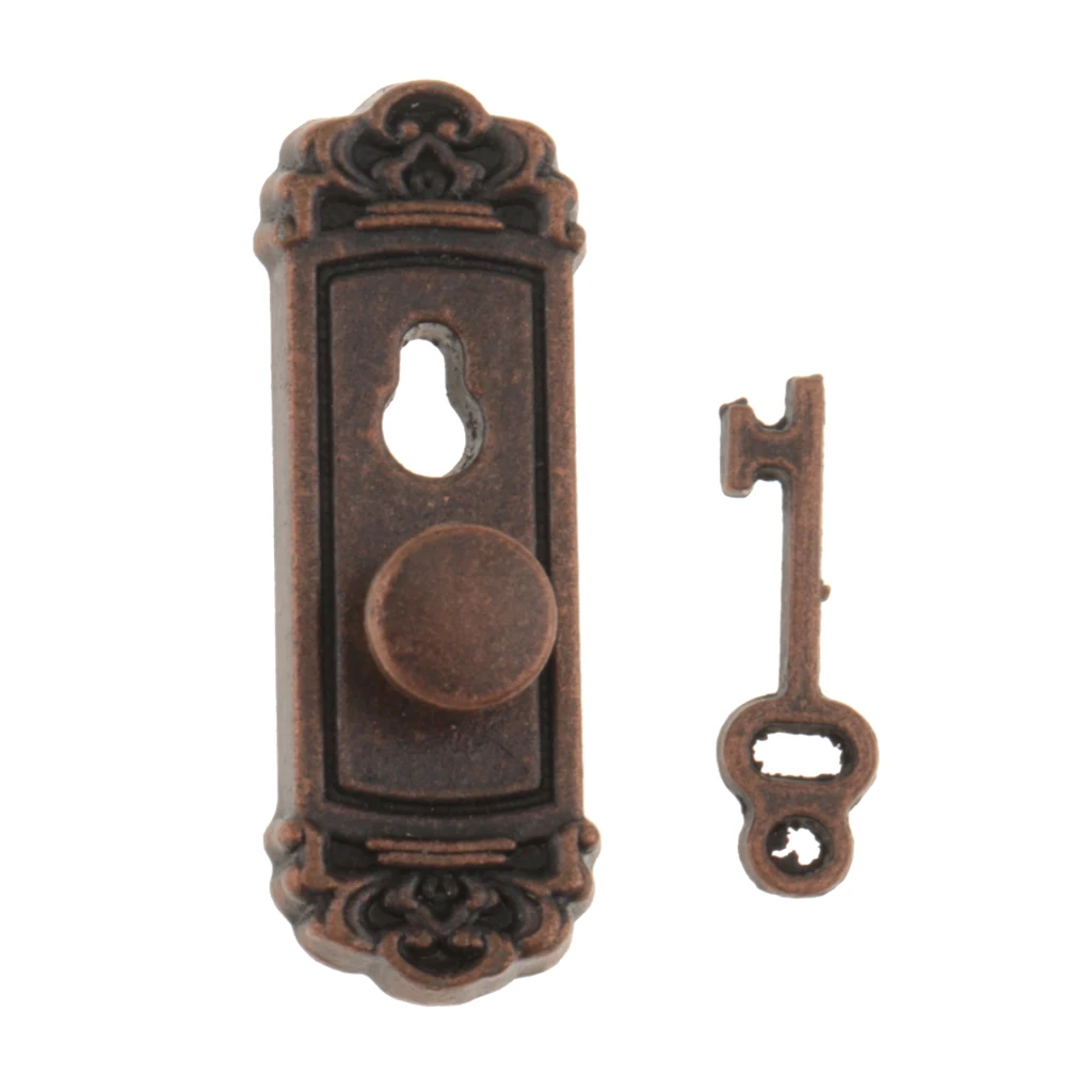 1:12 Scale Metal Door Handle Knob Plate & Key Set Doll House Miniature 4pcs