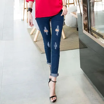

2015Plus Size Women Jeans trousers Cut Out Ripped denim Pencil Pants autumn big Elastic middle waist leggings Free ShippingXXXXL