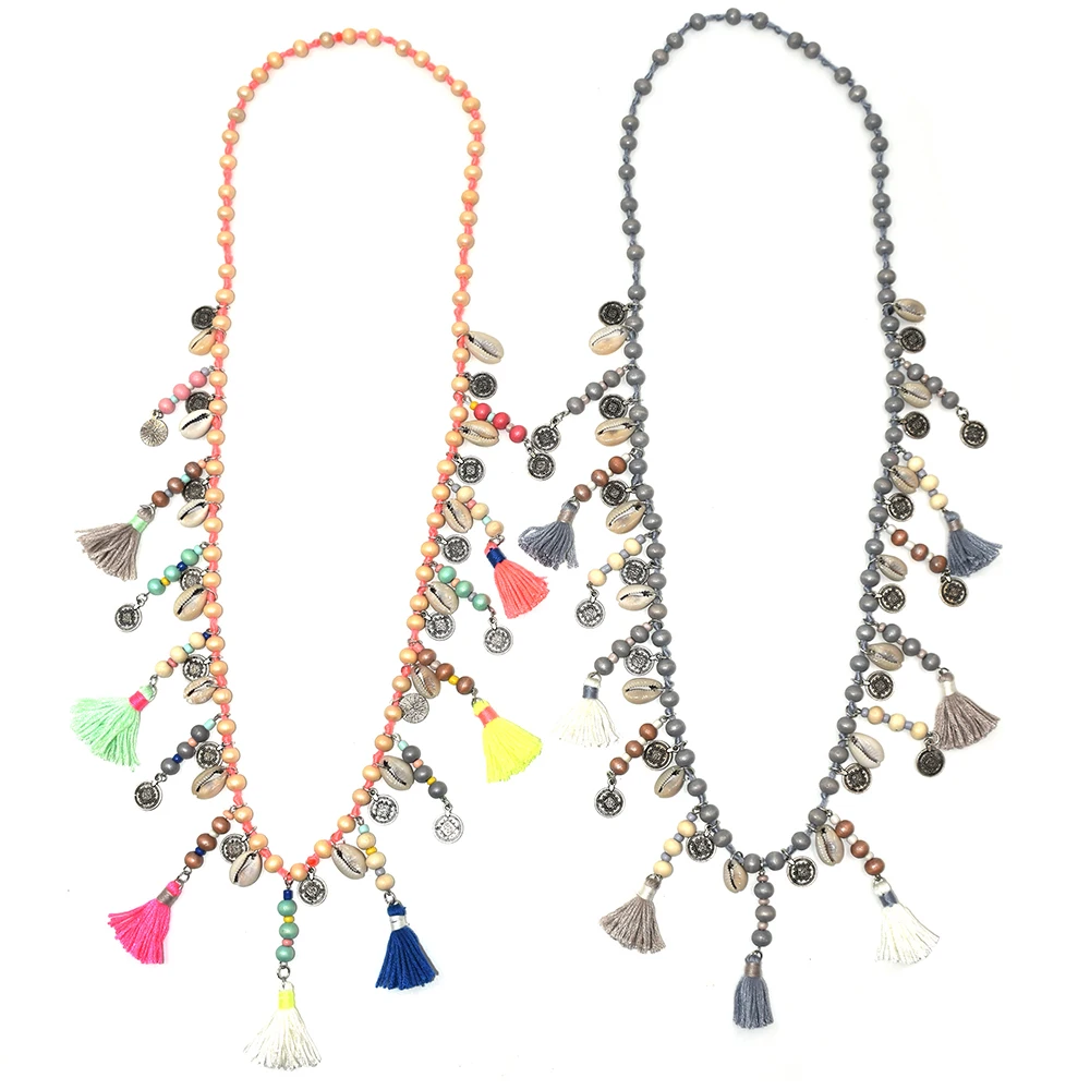 New Bohemia Boho wooden beads Necklaces Pink tassel pendants long necklace statement Necklaces