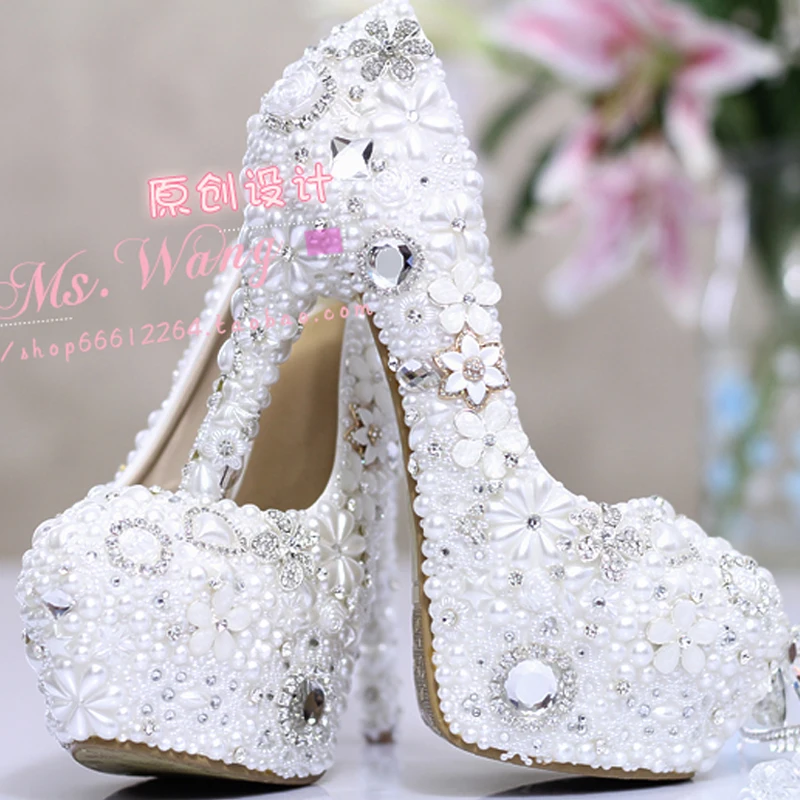 Bride pearl water drill flower white wedding shoes super heel waterproof platform wedding dress single shoe adult female shoes