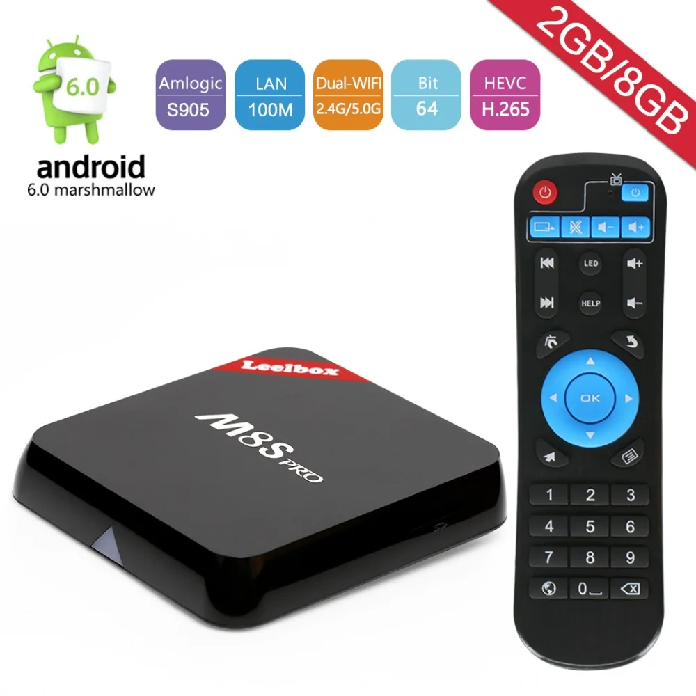 

Leelbox M8S Pro High Configuration 4K Android 6.0 TV Box Amlogic S905X Quad Core CPU 64 Bits 2G/8G/ BT4.0/ Dual-Band Wifi 2.4G/5