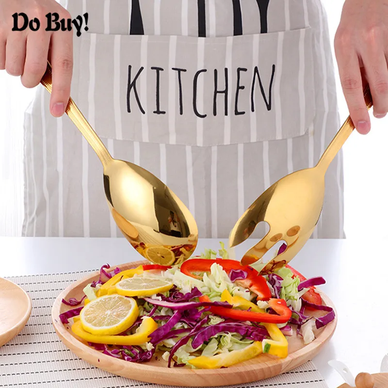 

Colorful Stainless Steel Salad Spoon Set Large Dinner Serving Spoons Server Fork Spoon Metal Utensils Kitchen