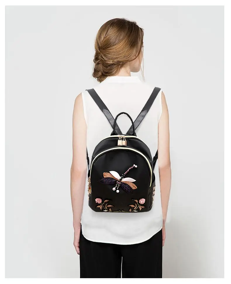 Популярные модные рюкзаки с вышивкой стрекозы, женские нейлоновые школьные сумки для девочек-подростков, функциональный дорожный женский рюкзак KL255