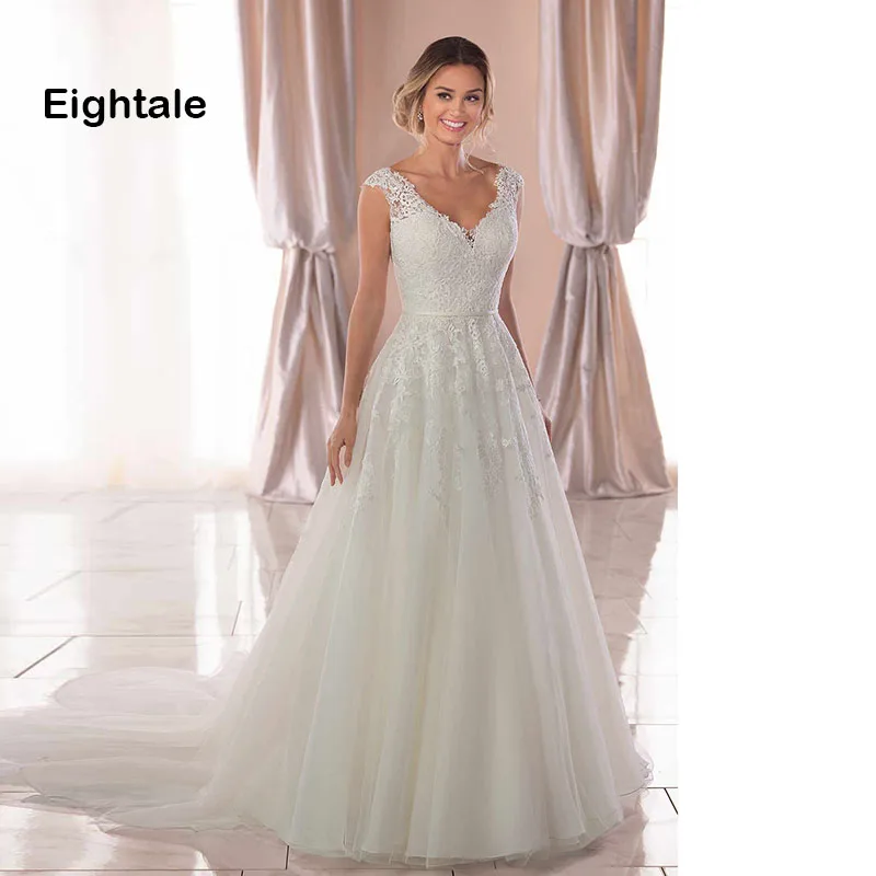 

Eightale Plus Size Wedding dress V Neck Appliques A Line Wedding Gowns Romatic Simple Lace Bride Dresses vestidos de noiva 2019
