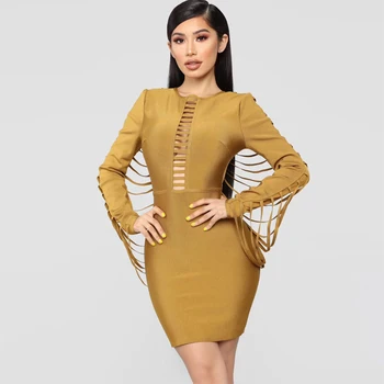 

Women Long Sleeve Bandage Dress New Fashion Autumn Bodycon Cut Out Tassel Celebrity Wedding Party Dress Vestidos Wholesale 2018