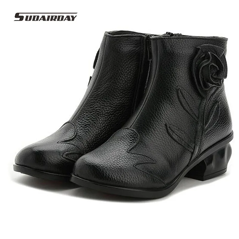 

2017 New fashion genuine Leather Winter Boots Women Shoes Handmade Ankle Boots For Women Red Black square heel Mom Women Shoes