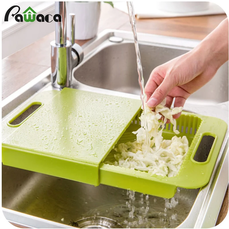 

Kitchen Sink Drain Cutting Board Chopping Block Non-slip Meat Fruit Vegetable Chopping Board with Food Storage Box Drain Basket
