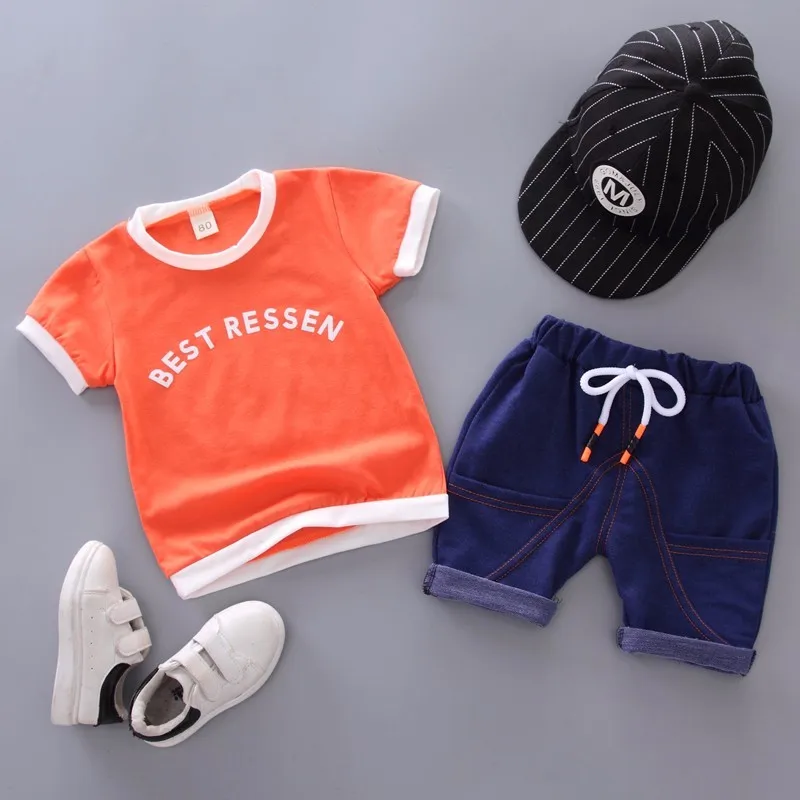 Летняя одежда для малышей; Модная одежда для мальчиков и девочек; детская хлопковая футболка и шорты; комплект из 2 предметов; Детский костюм; Детские повседневные спортивные костюмы - Цвет: XH zimu Orange