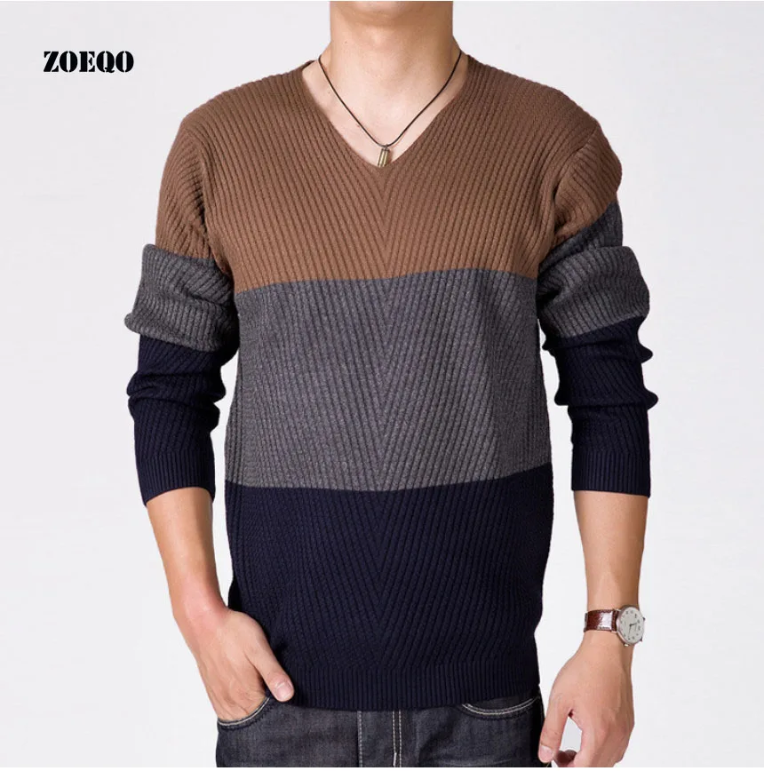 

ZOEQO Brand New Men's clothing autumn v-neck sweater commercial stripe slim knitted plus size loose sweater men clothing 139