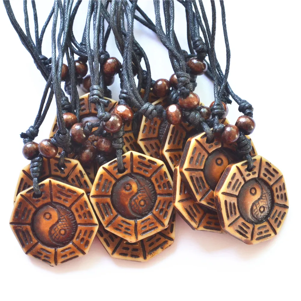 12pcs Black Wax Rope Yak Bone Necklace Man made Carving Eight Diagrams