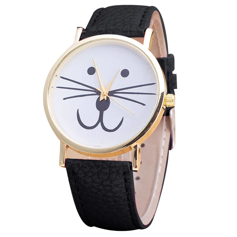 

Fashion Casual Wrist Watches For Women Cat Face Pattern PU Leather Band Analog Quartz Vogue Wrist Watch Wristwatch Clock