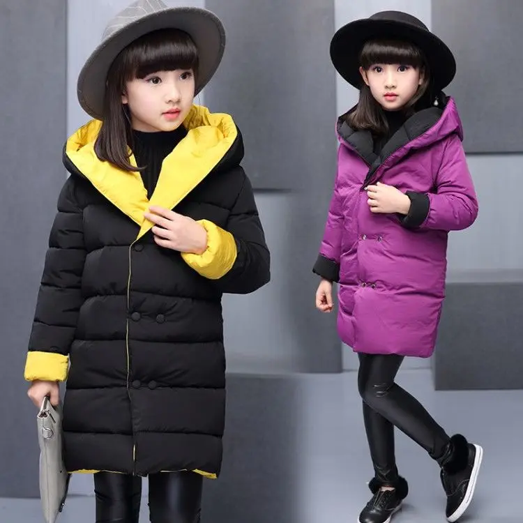 INS hot girls winter coat 3-11 years old hooded reversible parka thick cotton coat Long warm windbreaker Contrast coat