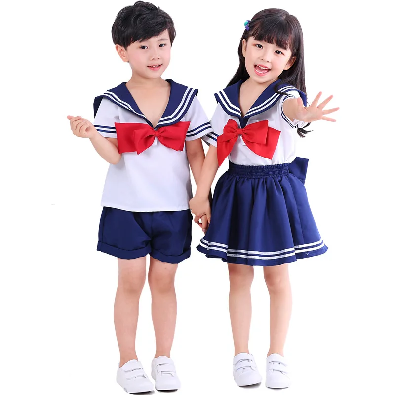 Детская школьная форма, костюм моряка Луна для девочек Костюм для мальчиков детская блузка с рюшами и матросским воротником; с галстуком-бабочкой, юбка в складку темно-синий Косплэй костюм