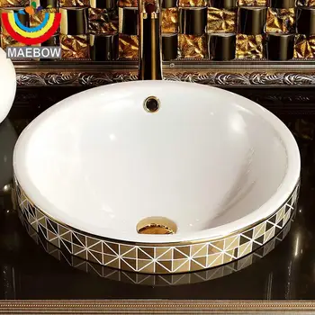 

Gold Mosaic Ceramic Round Semi Countertop Bathroom Sink Art Basin With Overflow