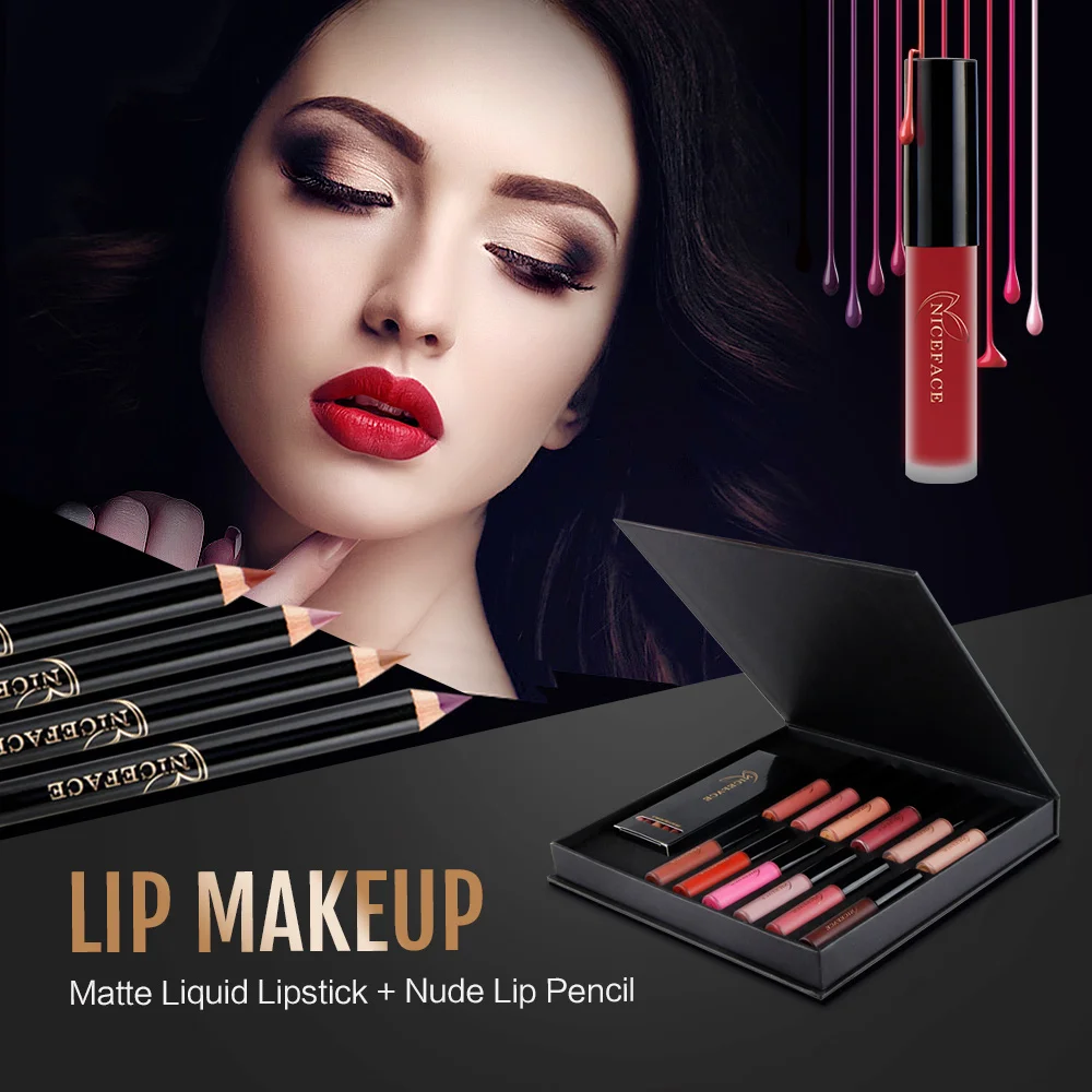 

NICEFACE Lipstick Sets Long Lasting Matte Liquid Lip Stick + Velvet Lips Pencil Makeup Kit Waterproof Batom Sexy Nude Lip Gloss