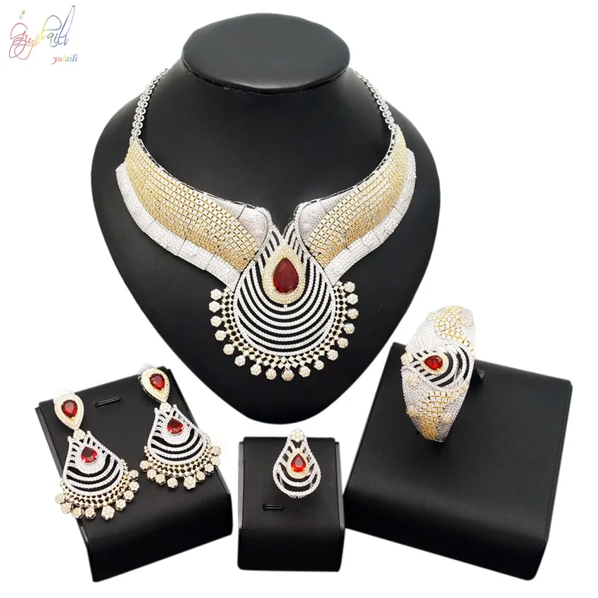 

YULAILI Luxury "Heart&Arrow" Zircon 4pcs Accessories for Wedding Bridal Necklace Jewelry Sets with Earrings Ring Bracelet