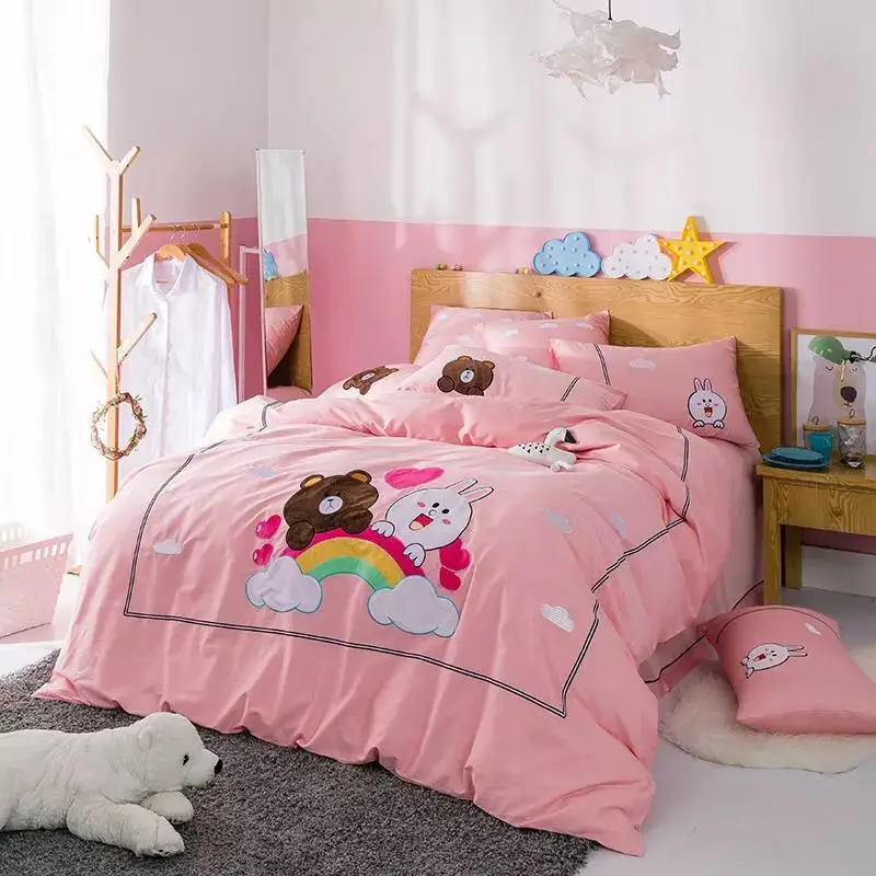 

rainbow rabbit bear bedding set for kids lace edge egyptian cotton bed linen embroidered home textile bed sheet cover queen king
