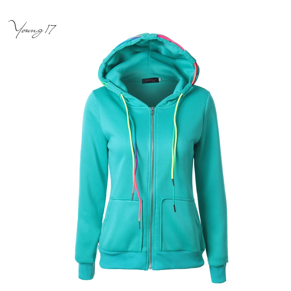 Young17 Rose Red Yellow Blue Green Black Zipper Hoodie Pocket Zip Up Drawstring Hooded Hoodies Women Spring Winter Sweatshirts