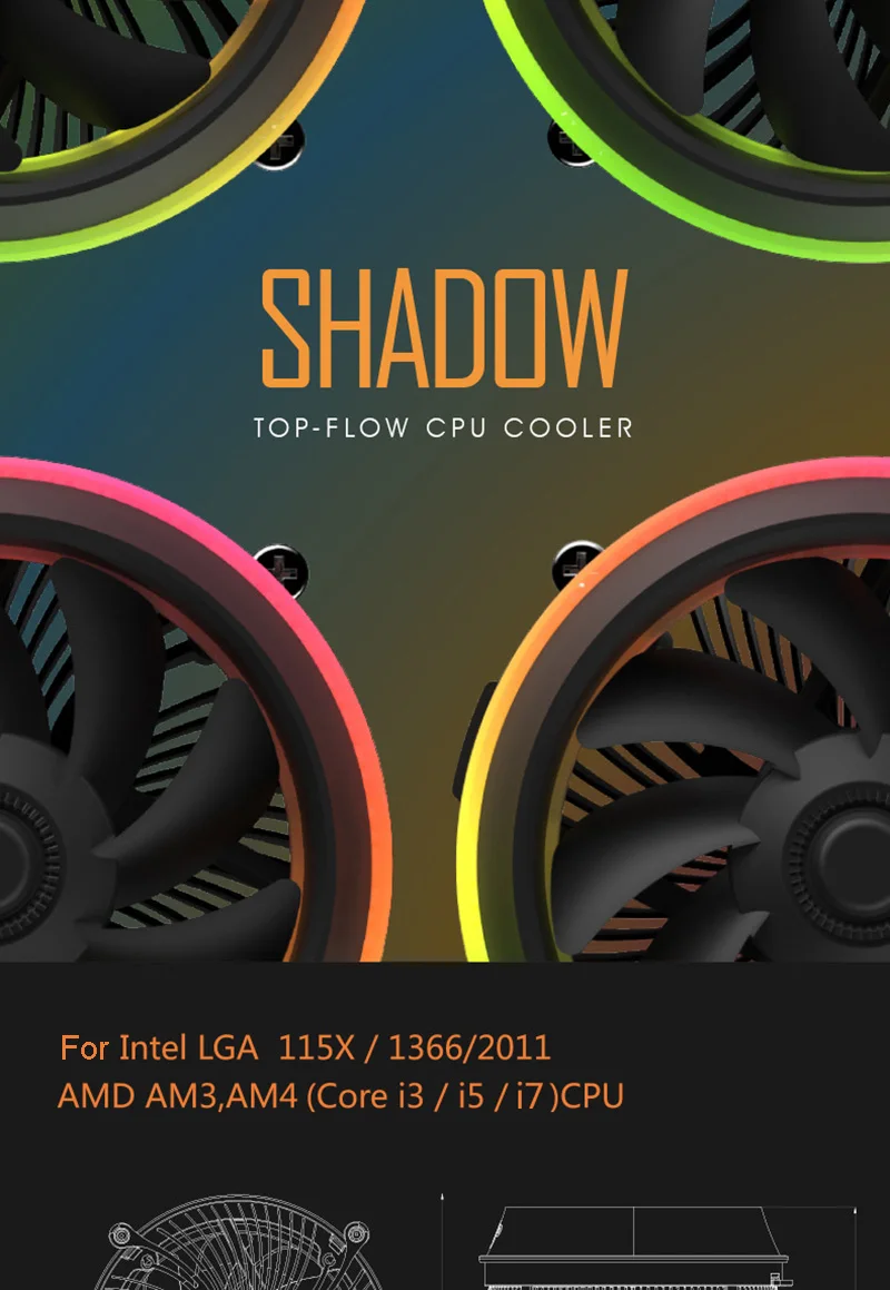 Shadow Pro cpu Cooler воздушное охлаждение; алюминий AURA 5 в TDP 280 Вт PWM 4pin светодиодный вентилятор RGB радиатор для ПК управление охлаждения для intel amd1150