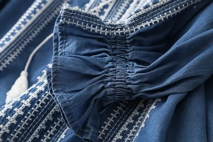 Осень Лето blusas femininas джинсовые рубашки для дам Тяжелая Вышивка Повседневная Блузка женские свободные джинсовые рубашки синий