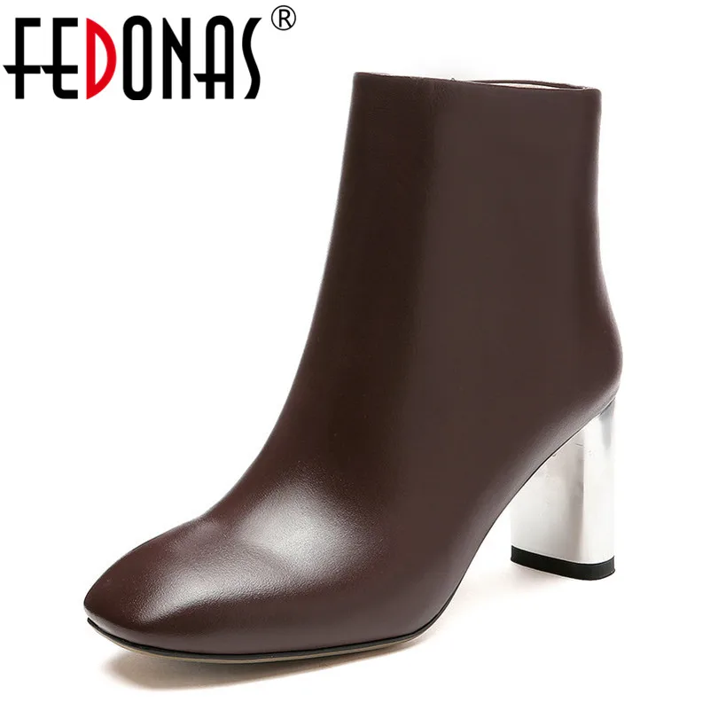 

FEDONAS Women High Heeled Ankle Boots Fashion Cow Leather Autumn Winter Shoes Woman Square Toe Wedding Party Shoes Woman Pumps