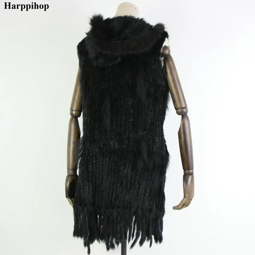 black Harppihop* женский жилет из натурального кроличьего меха с капюшоном, модный воротник из меха енота, жилеты, теплый длинный жилет из натурального меха - Цвет: black