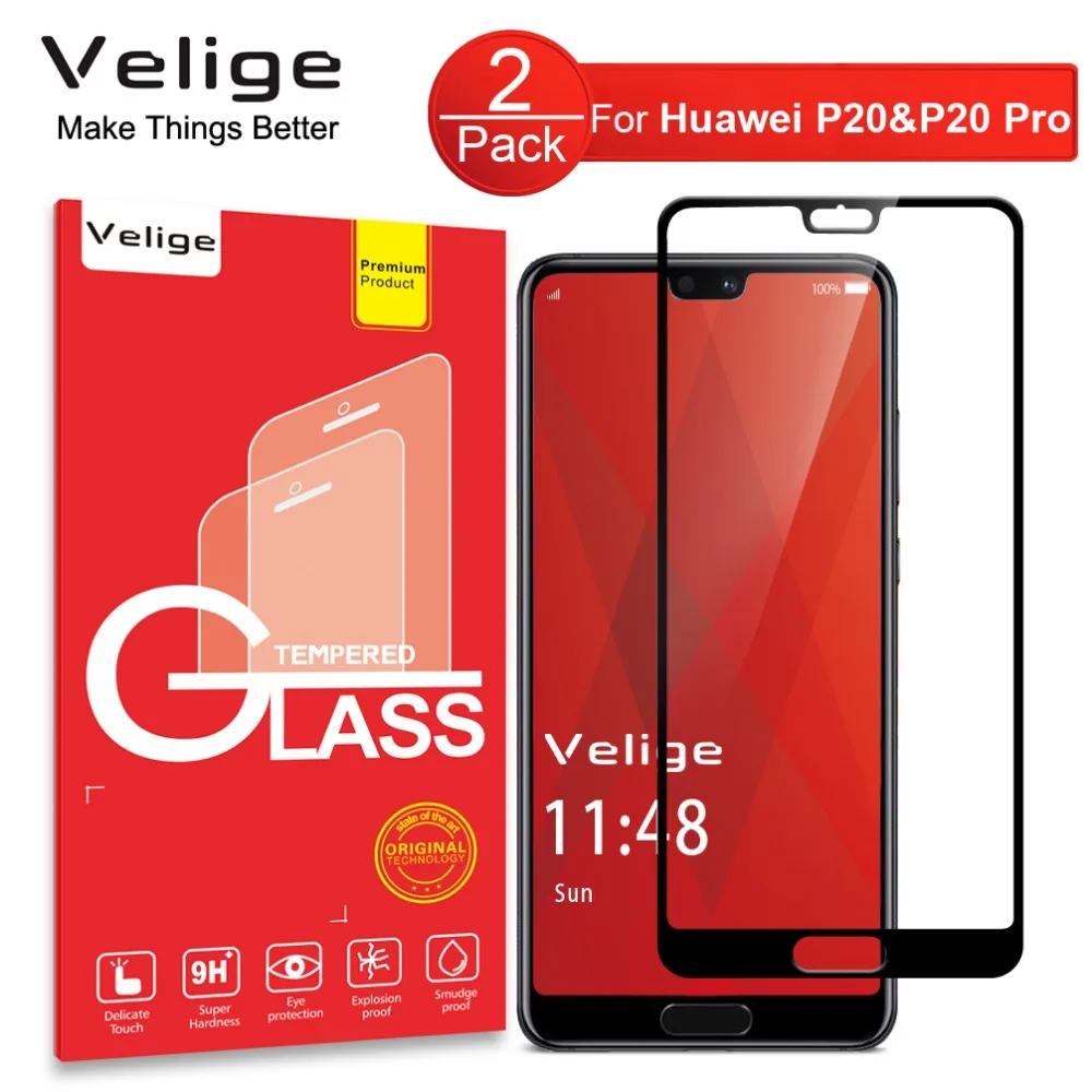 2 Pack Velige Full Cover Tempered Glass Screen Protector For Huawei P20