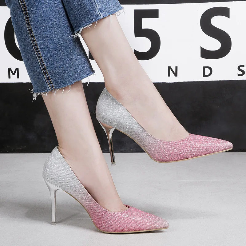 

2018 Women Fetish 9cm High Heels Female Bridal Footwear Stiletto Heels Pumps Lady Scarpins Sequins Cloth Pink Elegant Shoes
