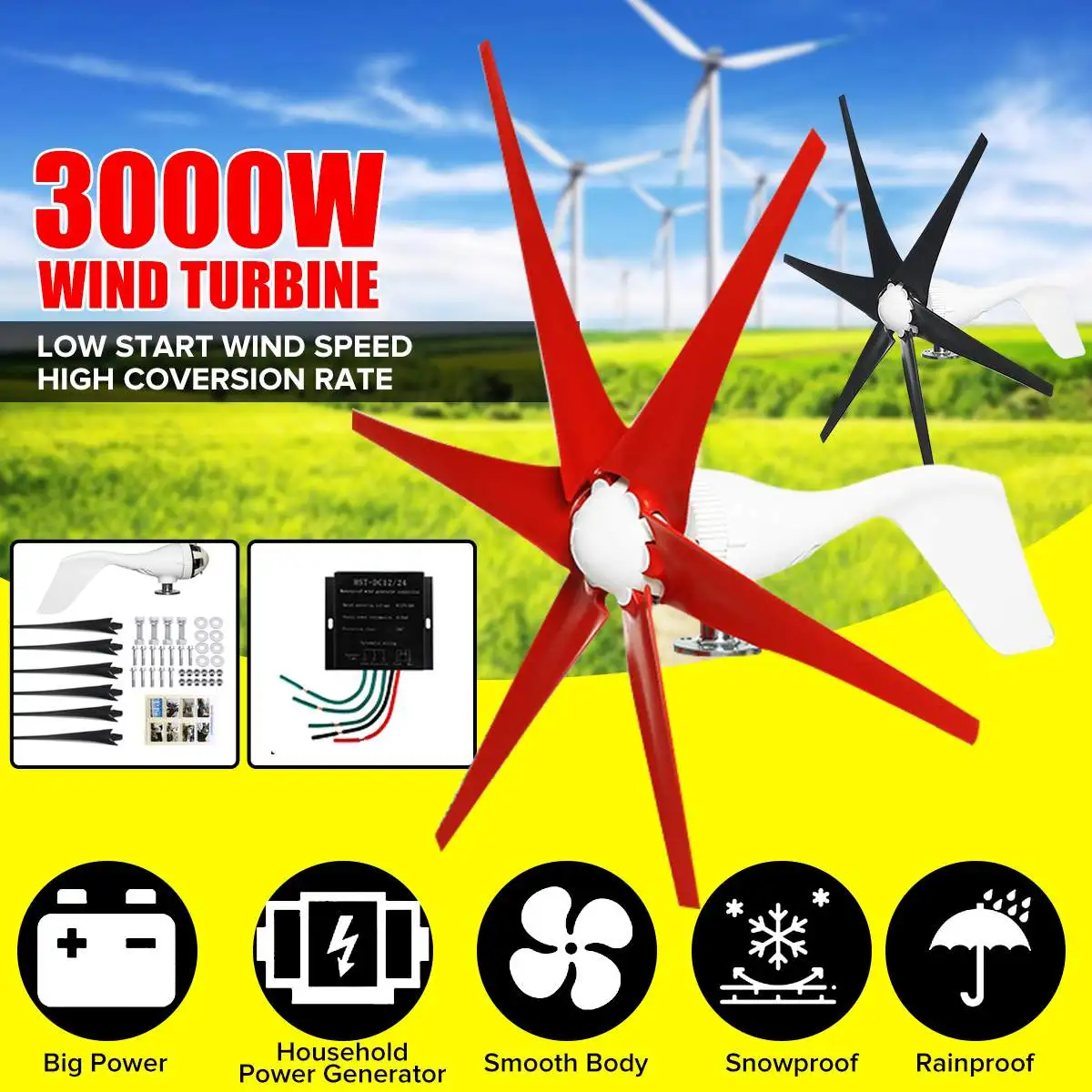 3000W 12V/24V S2 Type 6 Blades Wind Turbine Generator with Wind Controller Gift Fit for Home lights Or Boat Red Black Option