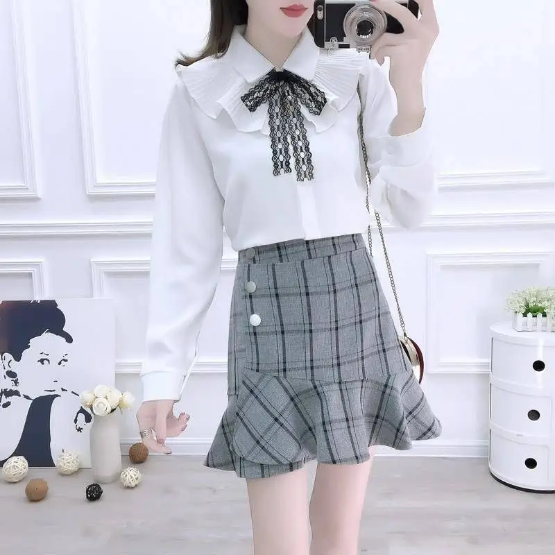 

New Spring Women Clothes Two Piece Set Ladies Blouses + Trumpet Mermaid Skirts Sets Female Sweet Vintage Slim Suits Outfits F86