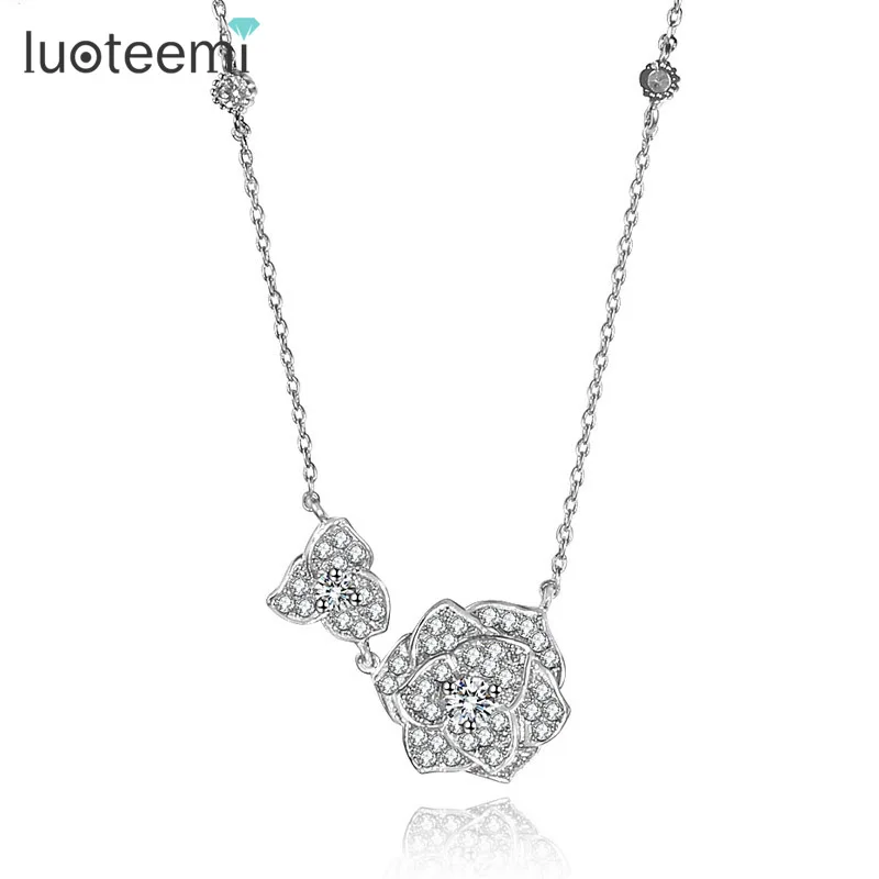LUOTEEMI, модное красивое женское ожерелье с двумя цветочками, роскошное Элегантное ожерелье, ювелирное изделие - Окраска металла: WHITE GOLD COLOR