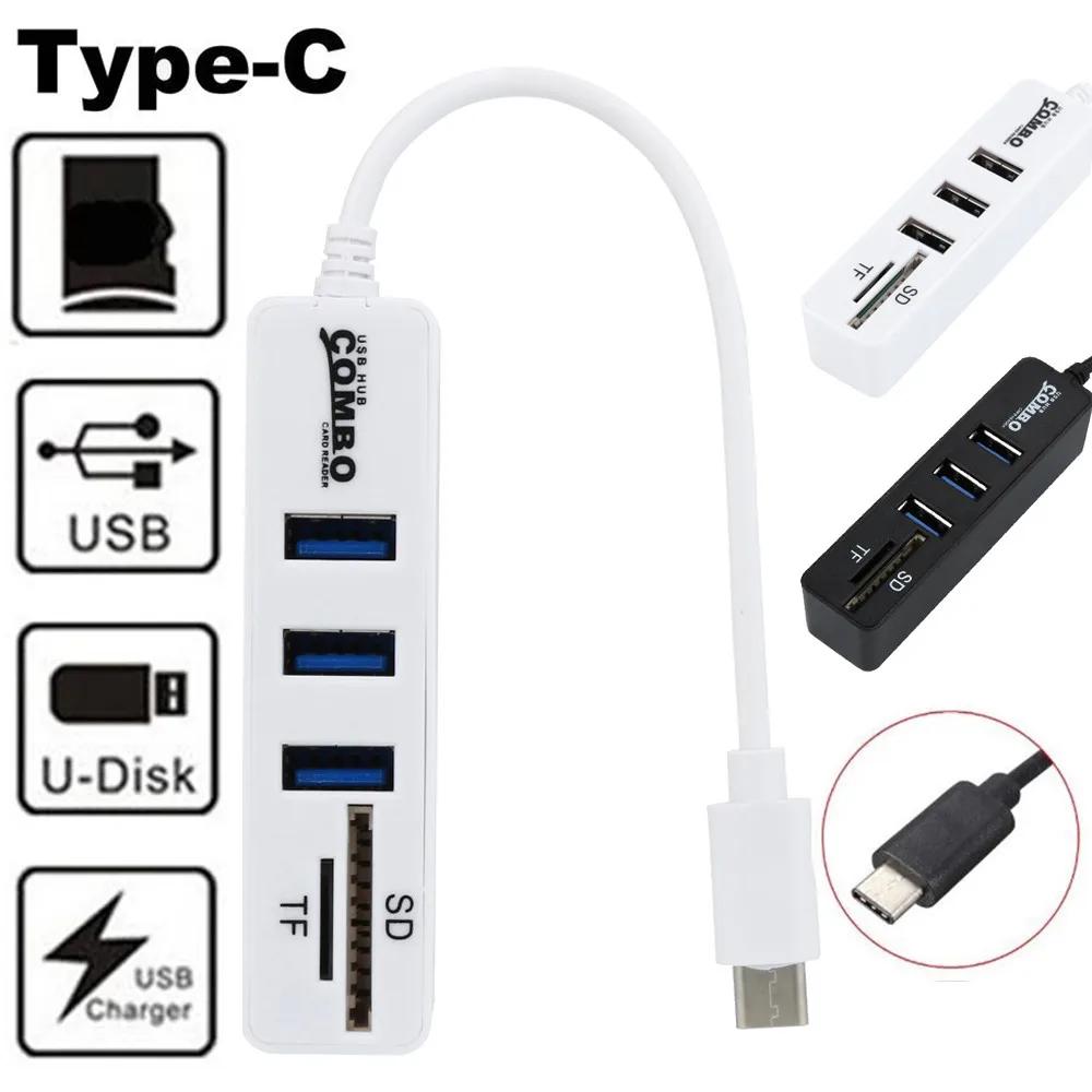CARPRIE USB 2,0 концентратор разветвитель Высокое качество Черный 2 в 1 тип-c OTG USB 2,0 концентратор разветвитель Combo 3 порта и SD/TF кардридер 12 см