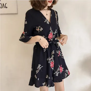 

Floral Print Chiffon Playsuit Women Summer Half Sleeve V Neck Elegant Boho Rompers Jumpsuit Beach Party Overalls Plus Size 4XL