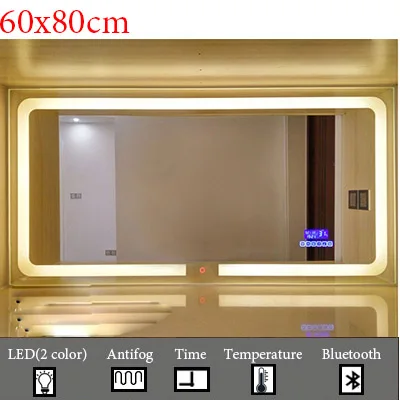 Умный светодиодный Зеркало для туалетной комнаты, анти-туман, сенсорный экран, настенное зеркало для макияжа, 700*900 мм, прямоугольные зеркальные зеркала с Bluetooth и музыкой - Цвет: M022C-600x800mm