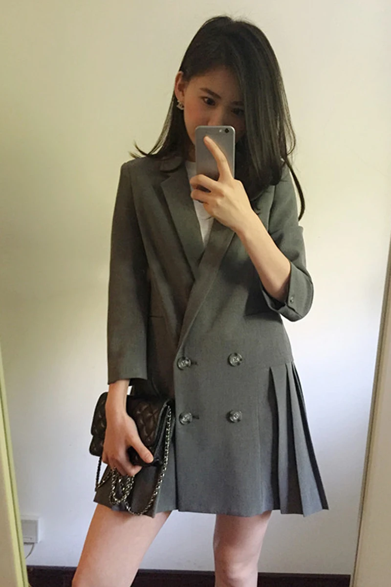 fashion black casual small suit female new spring long self cultivation slim Hem folds coat Women Blazers