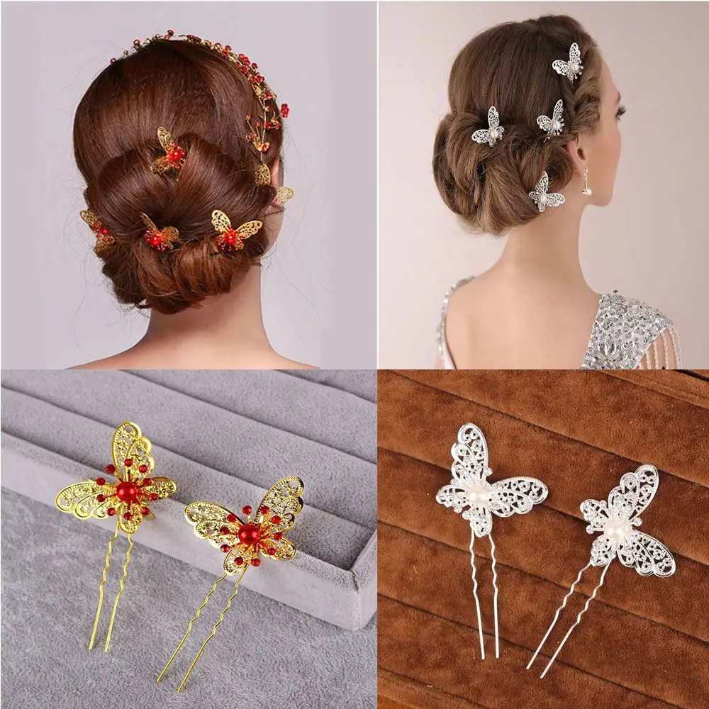 3Pcs Chinese Retro Bride Butterfly Hair Pin Wedding Dress Costume