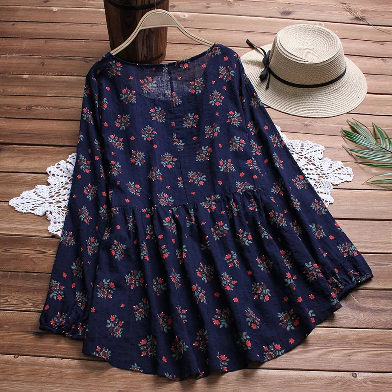 2019 ZANZEA المرأة الصيف بلوزة الزهور طباعة كم طويل عارضة القطن قميص كتان فضفاض حزب العمل أعلى Blusas زائد حجم