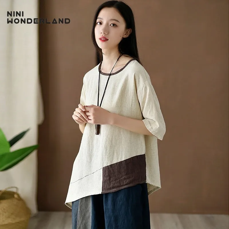 

NINI WONDERLAND Women Patchwork Cotton Linen T Shirts Summer Irregular Tops 2019 Female Loose Casual T Shirt Big Size Long Tees