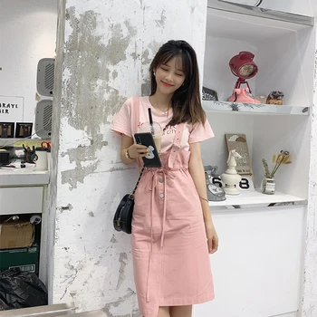 

MISHOW 2 Piece Set Women 2019 Summer TShirt Top + strap dress Suits Two Pieces Pink Summer Clothes For Women MX19B0185