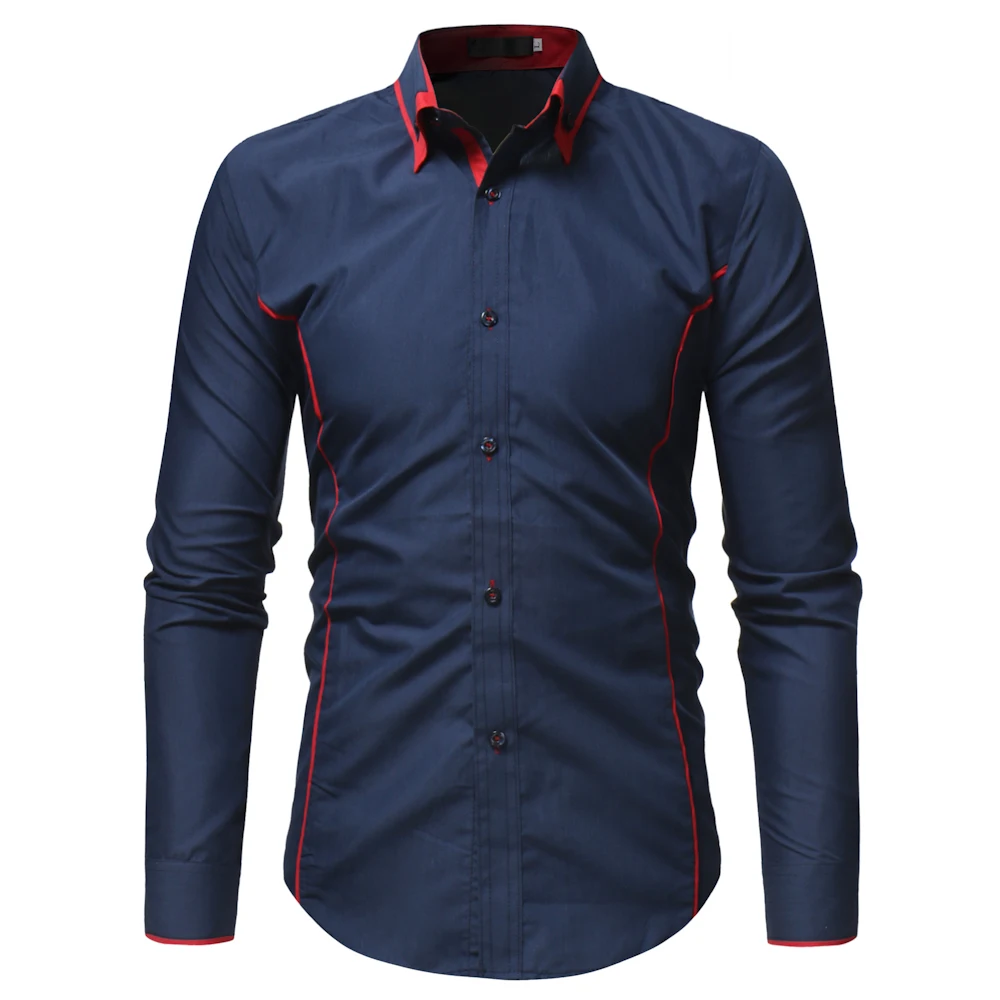 Модный бренд Camisa Masculina, рубашка с длинным рукавом, Мужская Корейская приталенная рубашка с двойным воротником, дизайнерская Повседневная рубашка размера плюс, Черная - Цвет: Navy Shirt