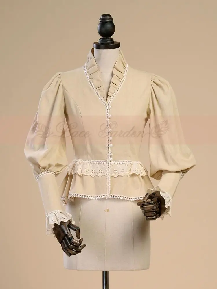 Victorian women lantern sleeve shirt Royal court tops vintage gothic lolita costume office shirt Female Splice Cotton blouse (7)