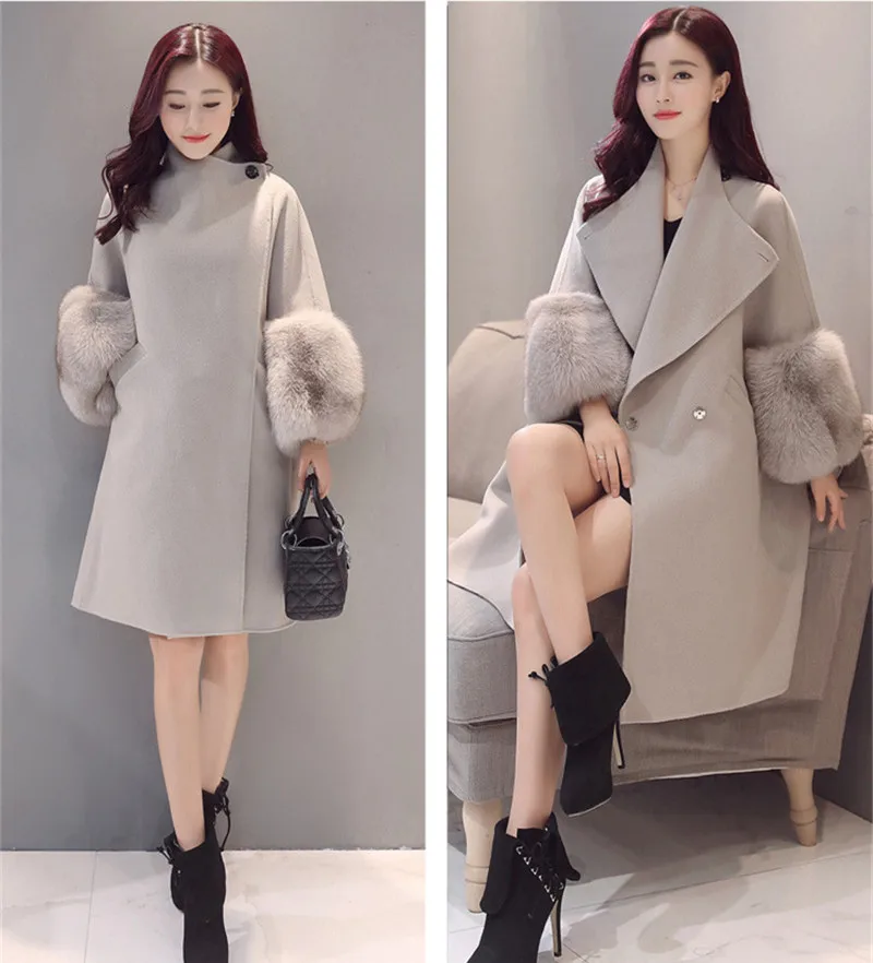 Новое зимнее шерстяное пальто для женщин модное кашемировое пальто с меховым рукавом серое повседневное двубортное длинное пальто для женщин облегающее пальто
