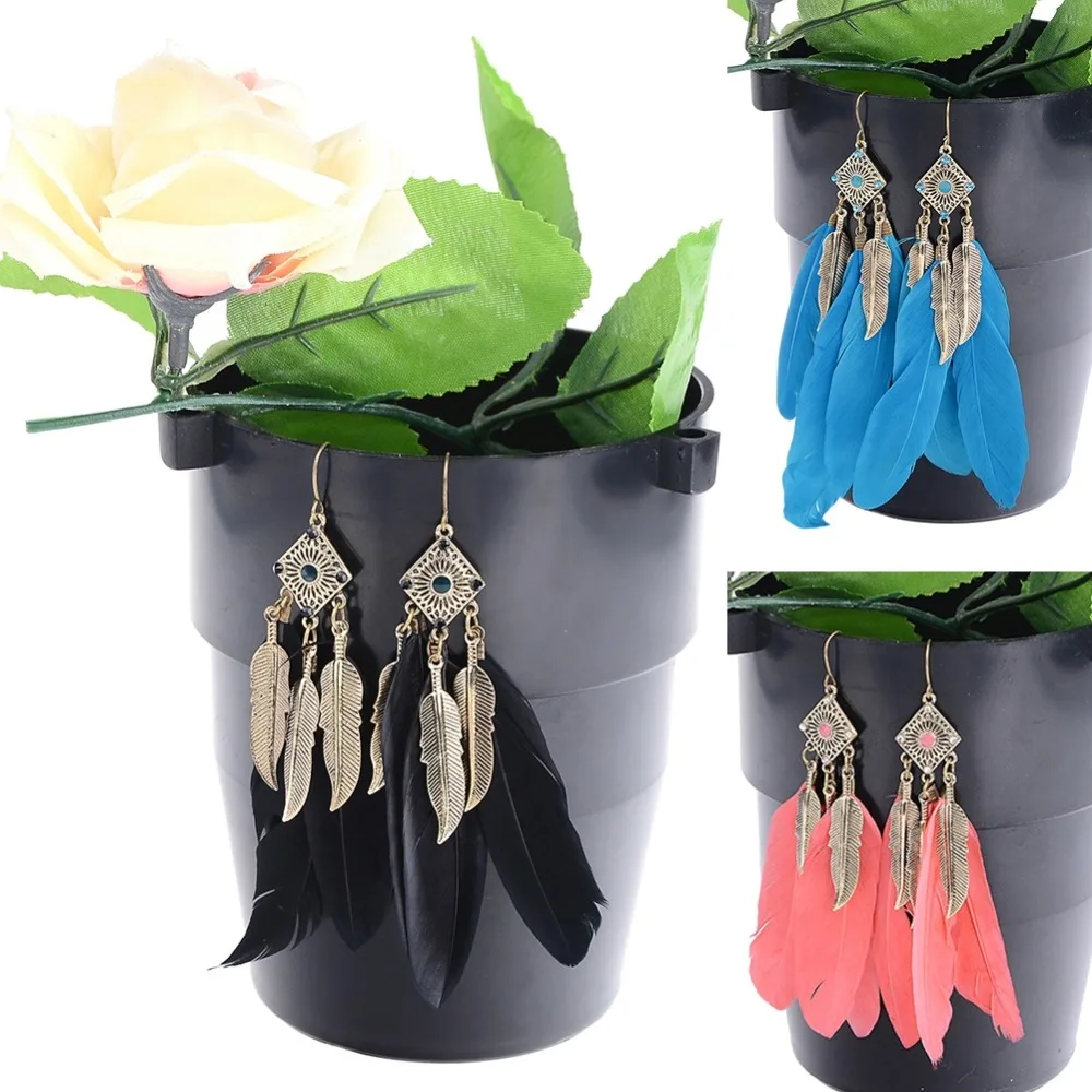 

1 Pair Stylish Bohemian Colourful Goose Feather Rhombus Long Eardrop Dangle Earrings For Women Jewelry