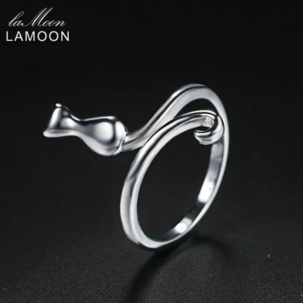 LAMOON High Polishing Lovely Cat S925 Adjustable Rings 925-Sterling-Silver Fine Jewelry for Women Gift Anti Allergy LMRY005