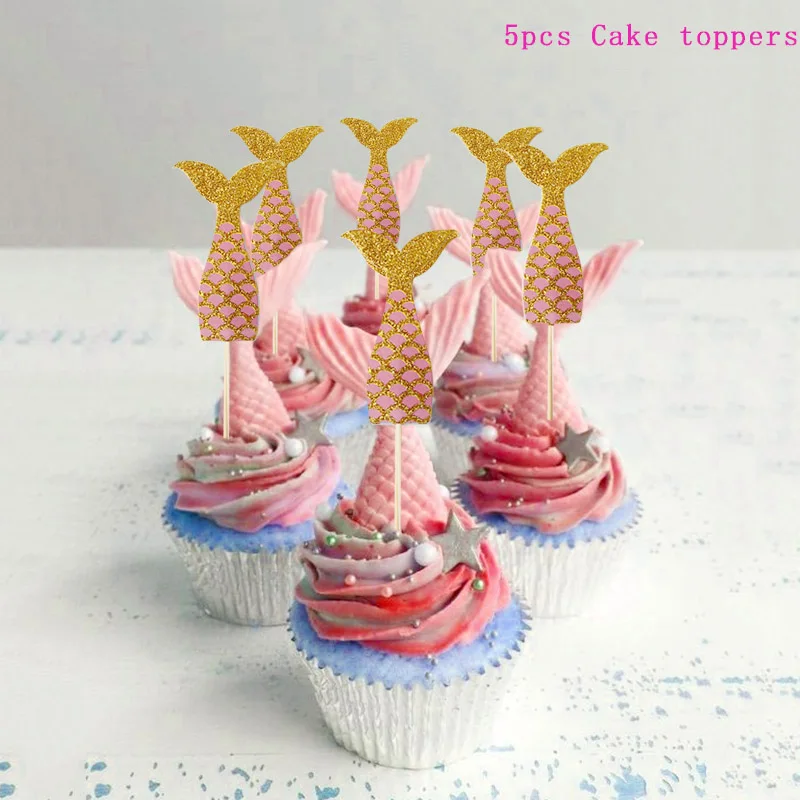 Маленькая Русалочка праздничные обертки для кексов Топпер для торта «С Днем Рождения» День Рождения украшения под морем тема Девушка Вечерние поставки - Цвет: 5pcs cake toppers