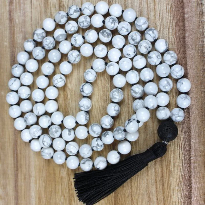 

108 Howlite Knotted Mala Necklace Lava Stone Pendant Bead With Black Tassel Necklace Emotional Calming Necklace Healing Jewelry